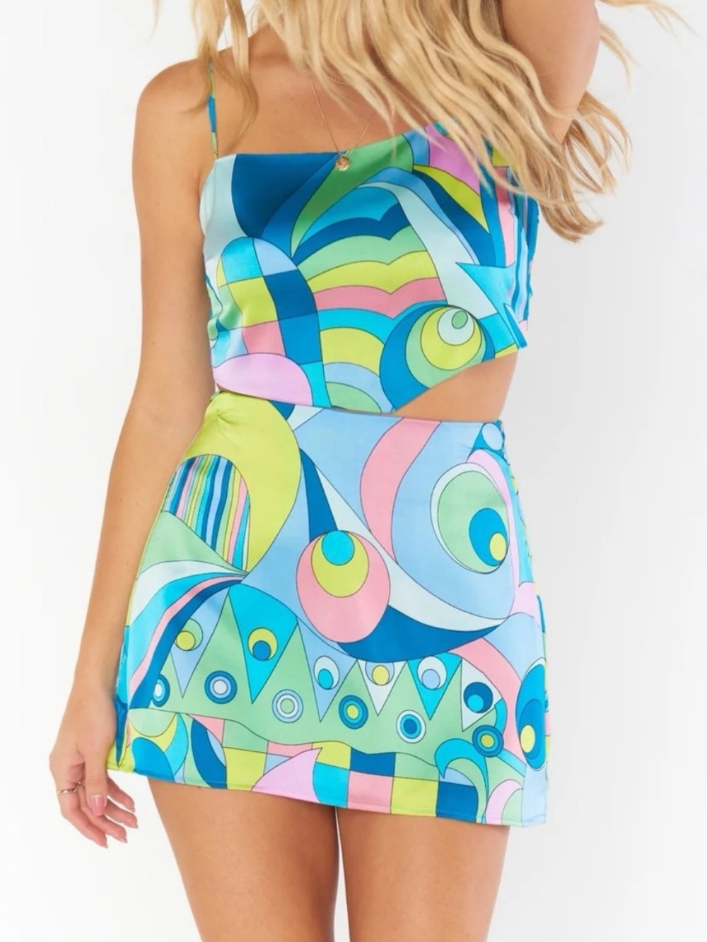 Show Me Your Mumu All Night Go Go Luxe Satin Mini Skirt & Scarf Top Matching Set